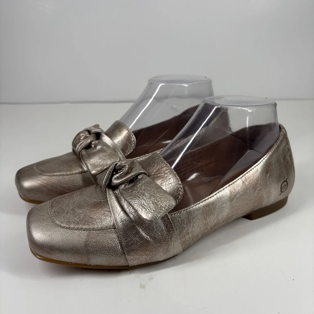 Born Carrine Women's US 7.5M Pewter Metallic Leather Bow Comfort Slip-On Loafers